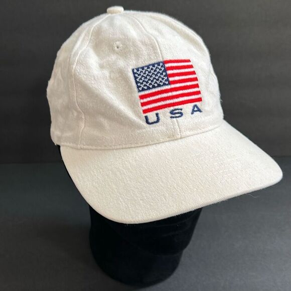 USA Embroidered Flag Cap Hat Beige SnapBack Patriotic Top of the World - Picture 1 of 10
